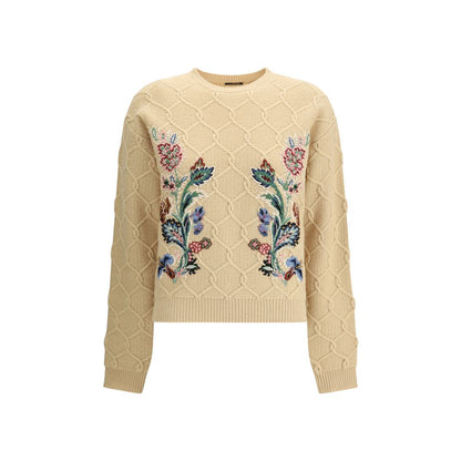 Etro Beige Wool Sweatshirt with floral embroidery, ribbed trims, and classic structure, showcasing AW25 season sophistication and elegance.