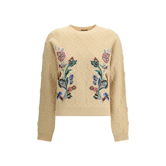 Etro Beige Wool Sweatshirt with floral embroidery, ribbed trims, and classic structure, showcasing AW25 season sophistication and elegance.
