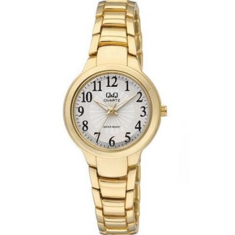 Q&Q Mod. LADY ONLY TIME wristwatch with gold stainless steel strap, quartz movement, mineral dial, and 5 ATM water resistance.