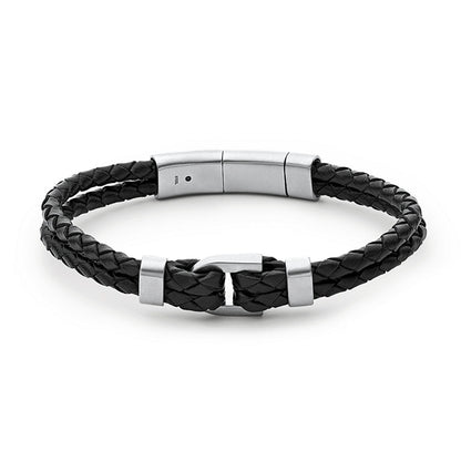 FOSSIL JEWELS JEWELRY Mod. JF04202040 black braided leather bracelet with silver clasp