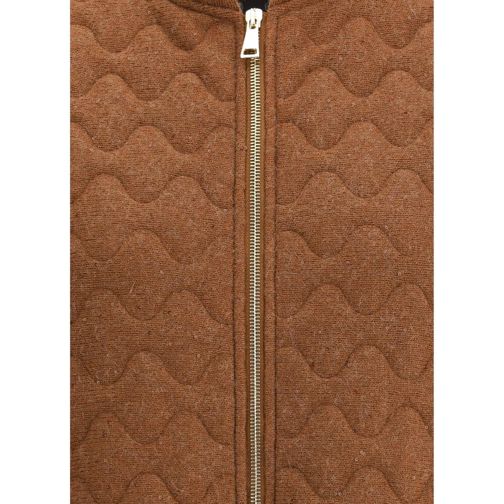 Close-up of Fabiana Filippi Brown Fleece Wool Sleveless Jacket showing front zipper and textured pattern design.