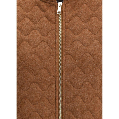 Close-up of Fabiana Filippi Brown Fleece Wool Sleveless Jacket showing front zipper and textured pattern design.