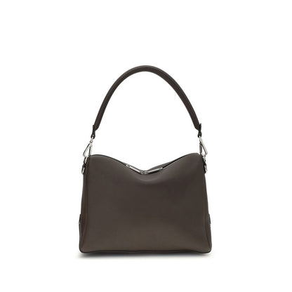 Fendi Brown Calf Leather Bos Taurus Shoulder Bag with palladium-finish hardware and FF metal corner accents