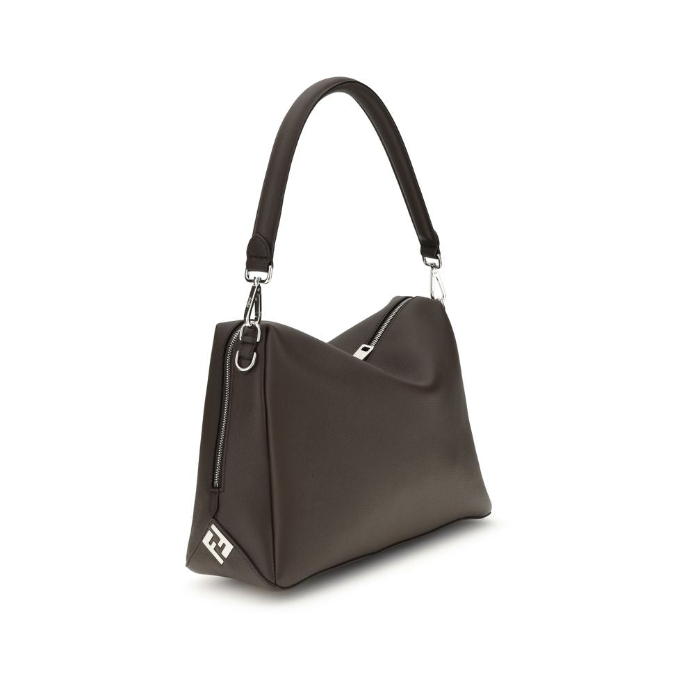 Fendi Brown Calf Leather Bos Taurus Shoulder Bag with FF metal accents and palladium-finish hardware.