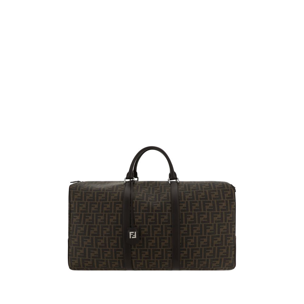 Fendi Brown Canvas Luggage And Travel, Boston Travel Bag with FF monogram, leather handles, adjustable strap, canvas material, zipper closure.