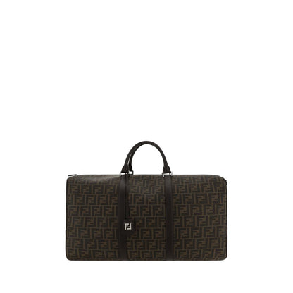 Fendi Brown Canvas Luggage And Travel, Boston Travel Bag with FF monogram, leather handles, adjustable strap, canvas material, zipper closure.