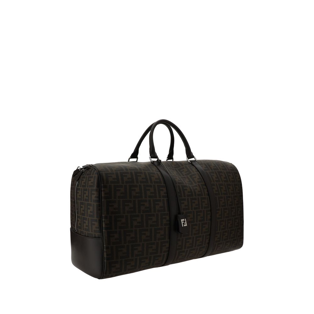 Fendi Brown Canvas Luggage And Travel Boston bag with FF monogram, leather handles, and removable strap, dimension 55x55x25