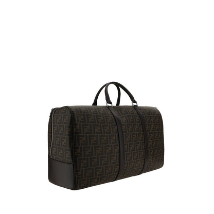 Fendi Brown Canvas Luggage And Travel, Boston travel bag with FF monogram, leather handles and strap, 55x55x25 cm, AW25 season.