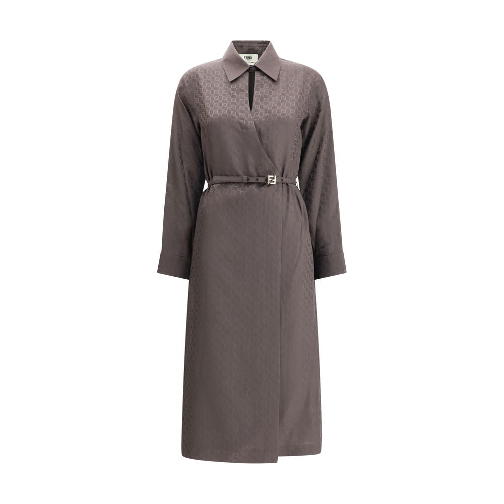 Fendi Brown Silk Casual Dress with FF jacquard pattern, shirt-style collar, and asymmetrical crisscross closure.