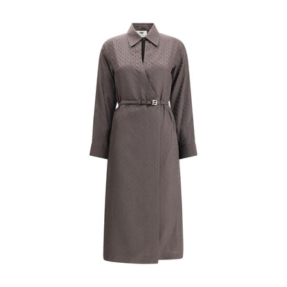 Fendi Brown Silk Casual Dress with FF jacquard pattern, shirt-style collar, and asymmetrical crisscross closure.