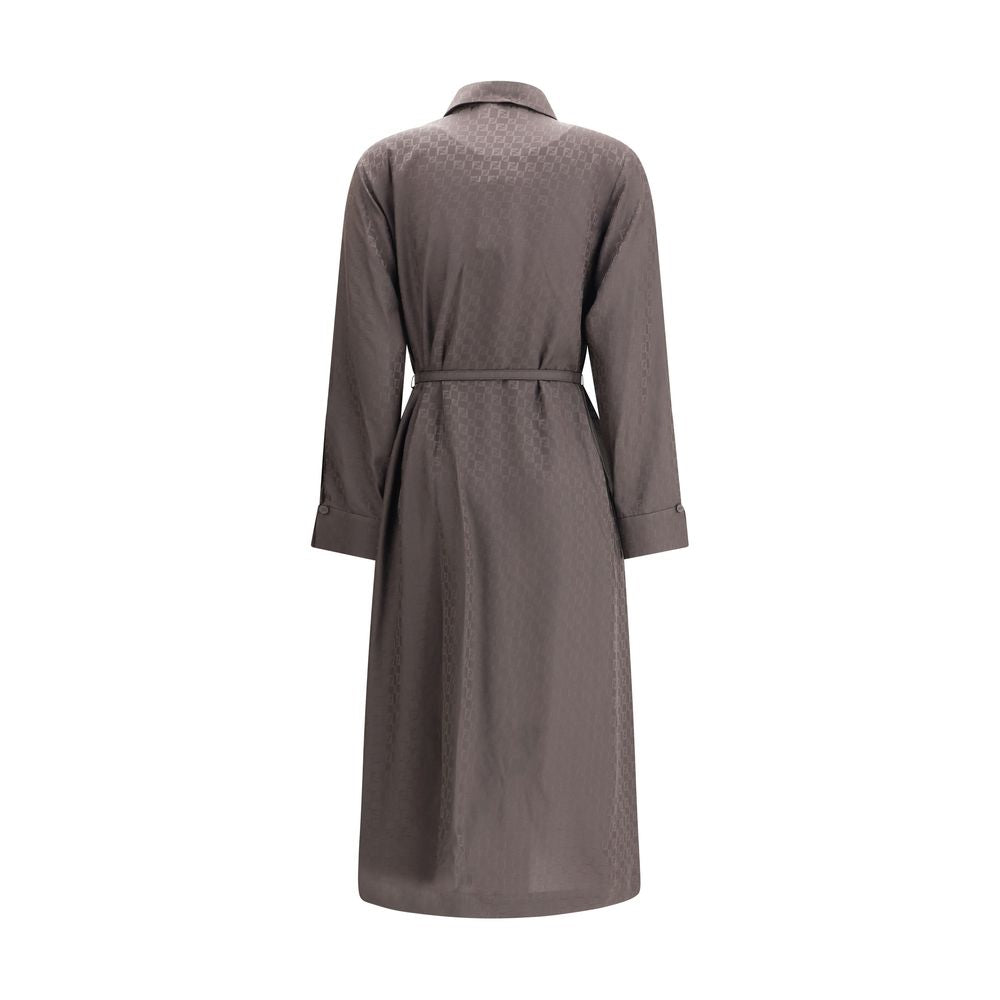 Back view of Fendi Brown Silk Casual Dress featuring jacquard FF pattern, shirt-style collar, and elegant design