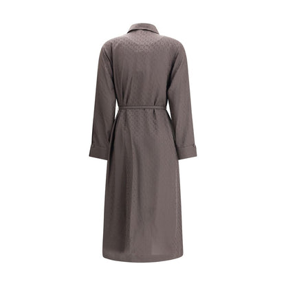 Back view of Fendi Brown Silk Casual Dress featuring jacquard FF pattern, shirt-style collar, and elegant design