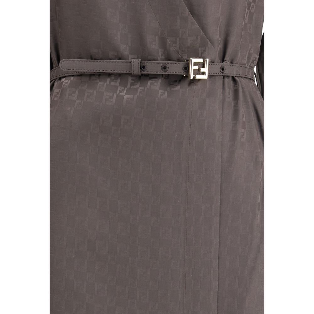 Fendi Brown Silk Casual Dress featuring FF jacquard pattern and logo belt detail.