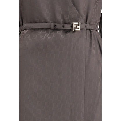 Fendi Brown Silk Casual Dress featuring FF jacquard pattern and logo belt detail.
