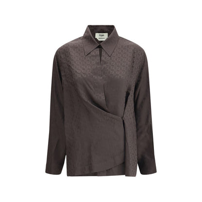 Fendi Brown Silk Dress Shirt with FF motif, short point collar, and wrap-around closure for elegant style.