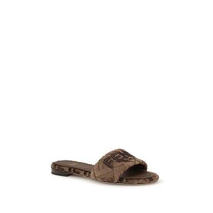 Fendi Brown Viscose Flat Sandals with embroidered logo, open toe design, and signature insole, ideal for versatile wear.