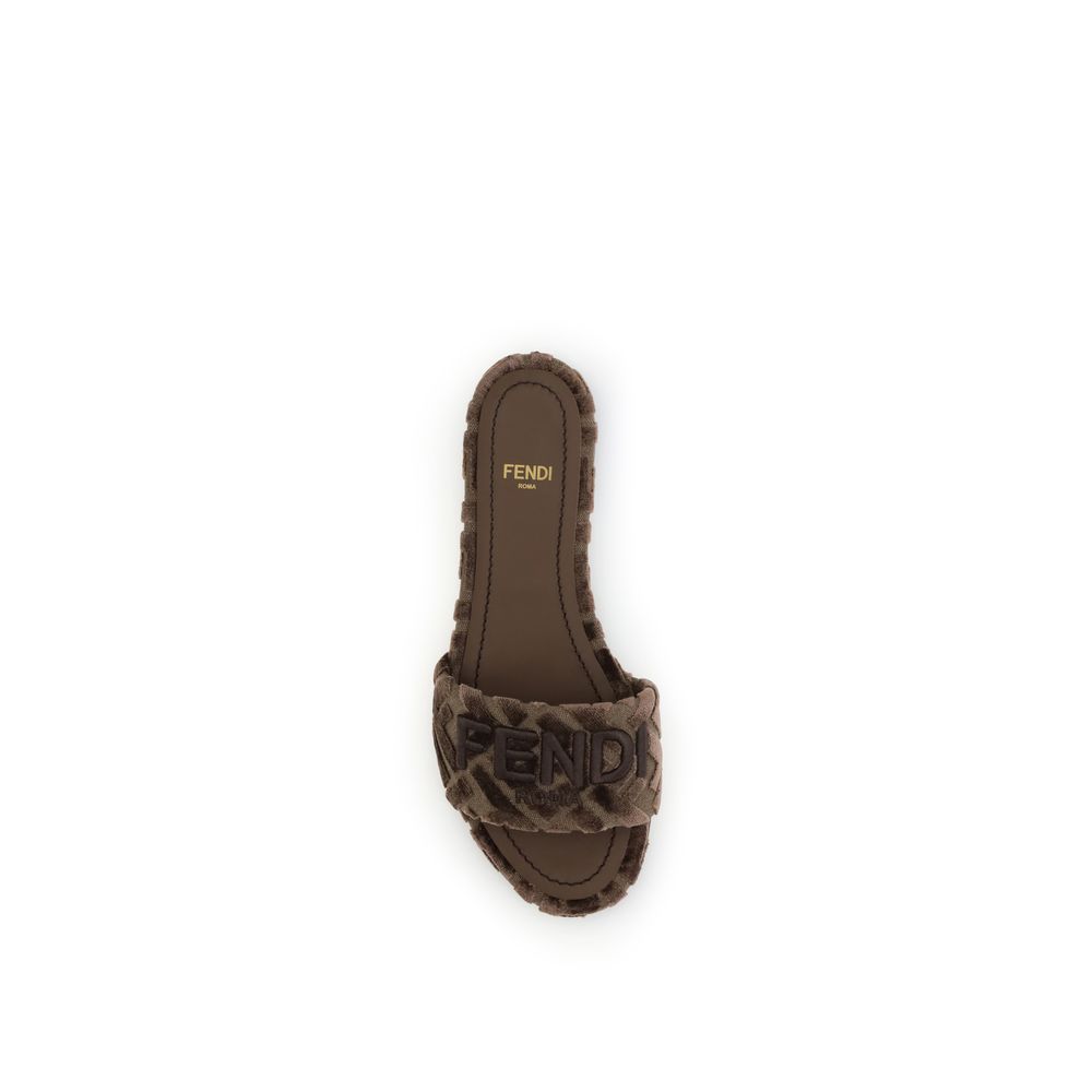 Top view of Fendi Brown Viscose Flat Sandals with embroidered logo and signature insole