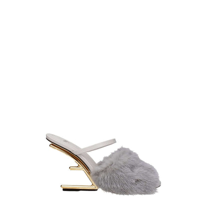 Fendi Gray Mink Slippers high heel with gray fur, open toe, side logo, and leather sole. Casual style luxury sandal, light grey accent.