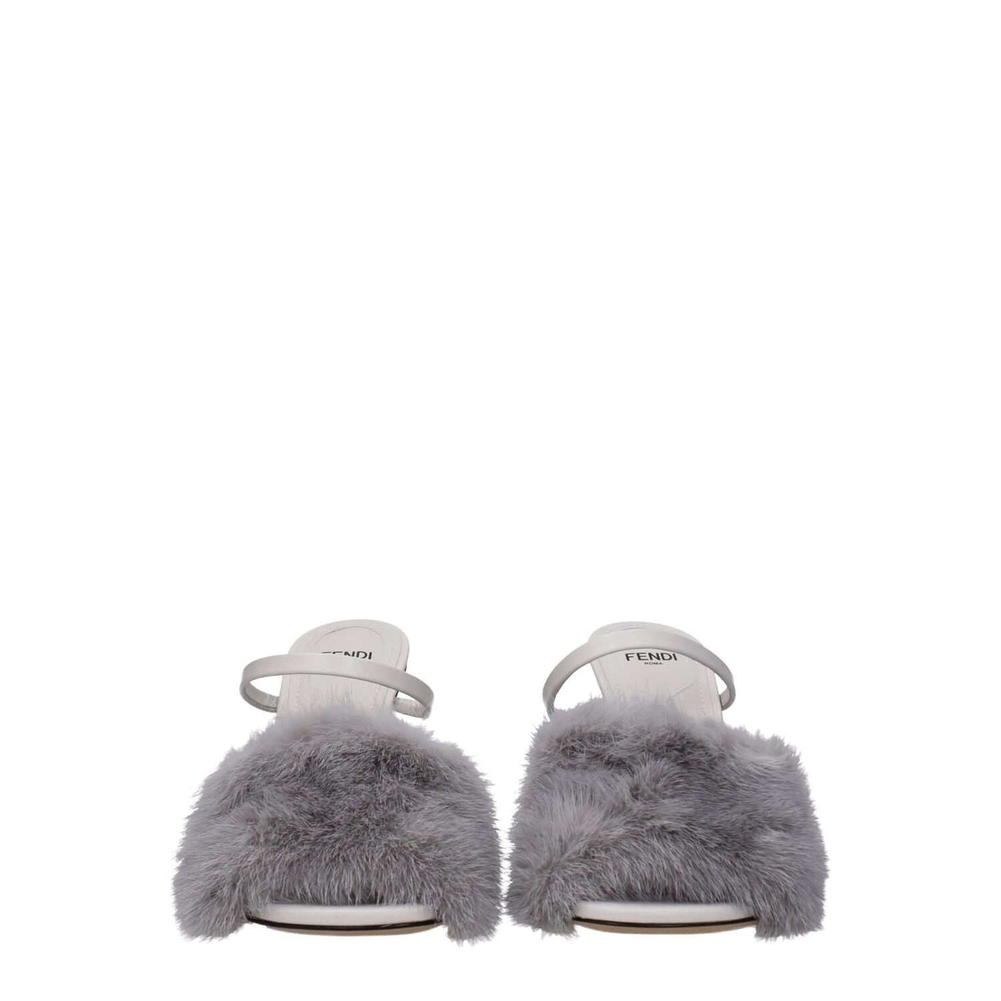 Alt Tag: Fendi Gray Mink Slippers with open toe, high heel, leather sole, and side logo. Casual style, light grey color, MPN 8R8212AHGHF1IDQ.