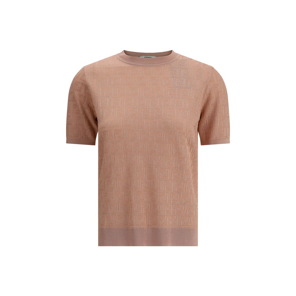Fendi Knit T-Shirt featuring iconic FF motif in tone-on-tone pattern, ribbed crew neck, and hem with side slits, in high-quality cotton.
