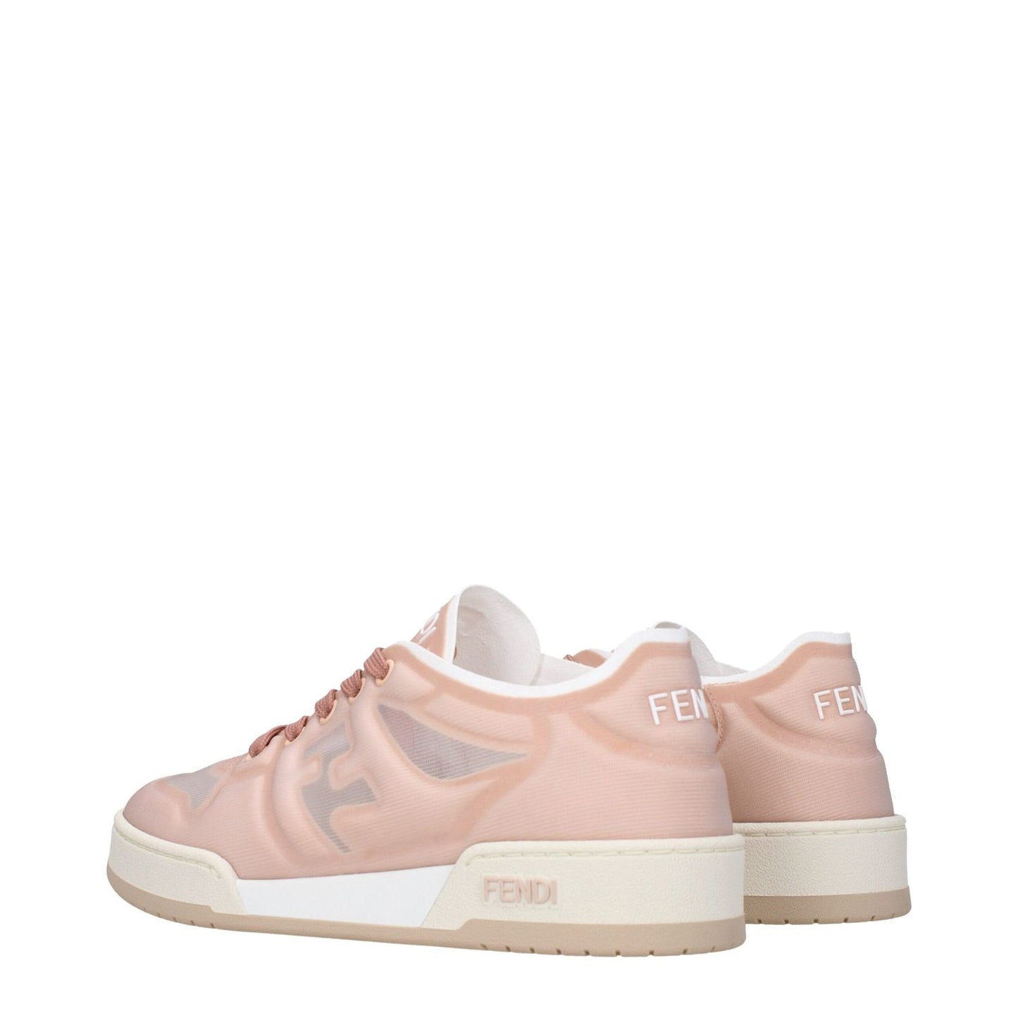 Fendi Pink Fibres Sneakers featuring logos on front, side, back; casual lace-up design, round toe, low flat heel, rubber sole.