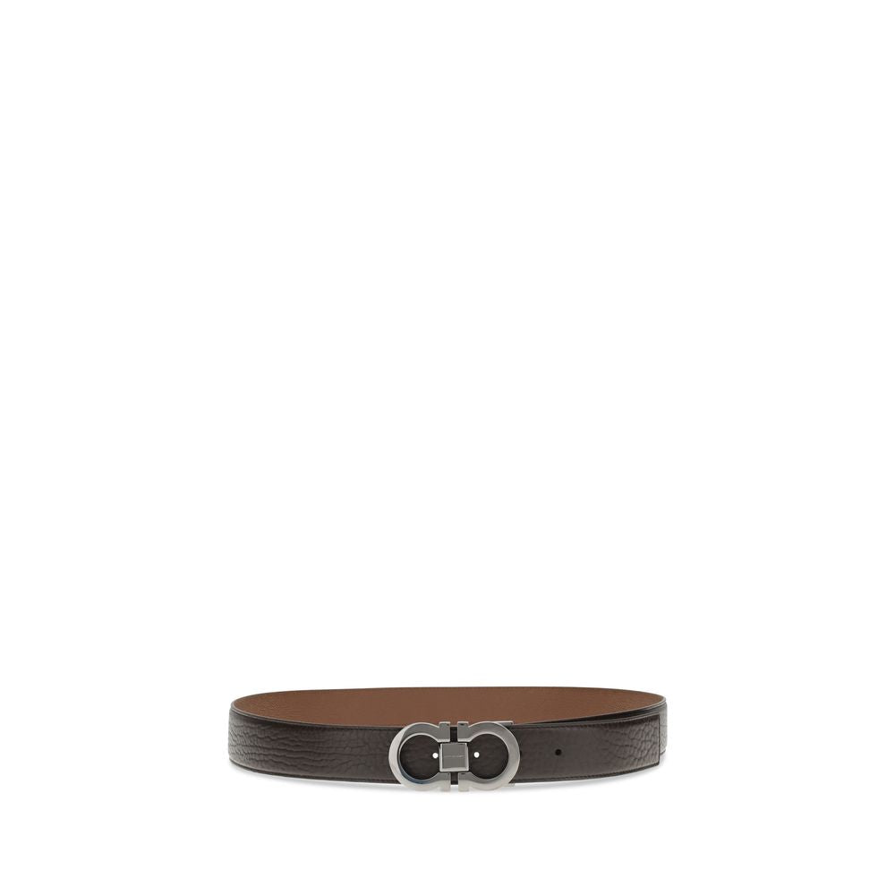Ferragamo Brown Leather Regular Belt with Gancini buckle, reversible design, 100% leather for versatile elegance and tailored fit.