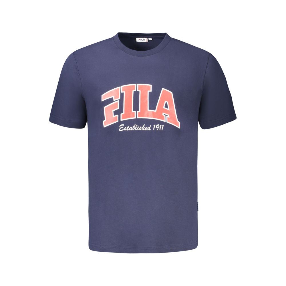 Fila Blue Cotton Men T-Shirt with graphic print and logo, short sleeve crew neck, 100% cotton, ideal for casual style.