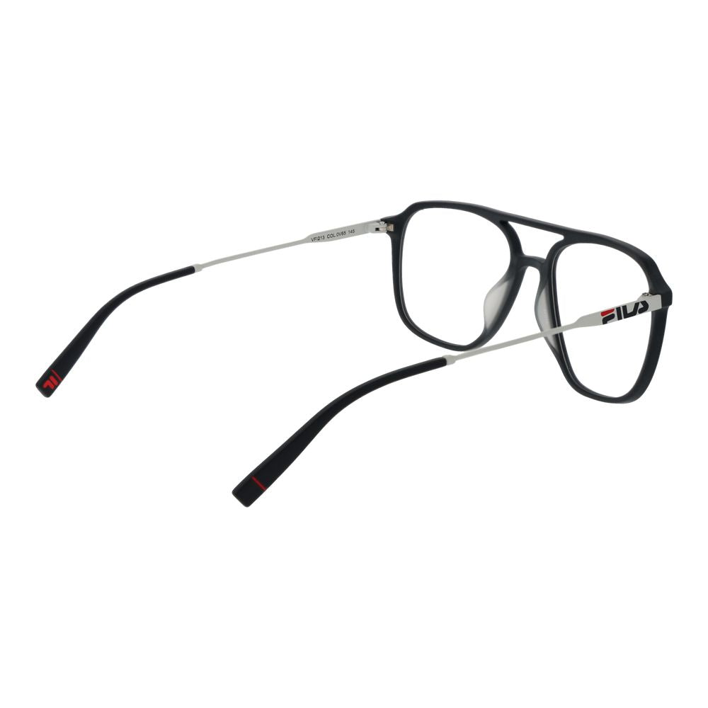 Fila Gray Men Glasses Frame in gunmetal, stainless steel, half-rim rectangle design with demo lenses. Size: 53-19-140. Includes branded case.