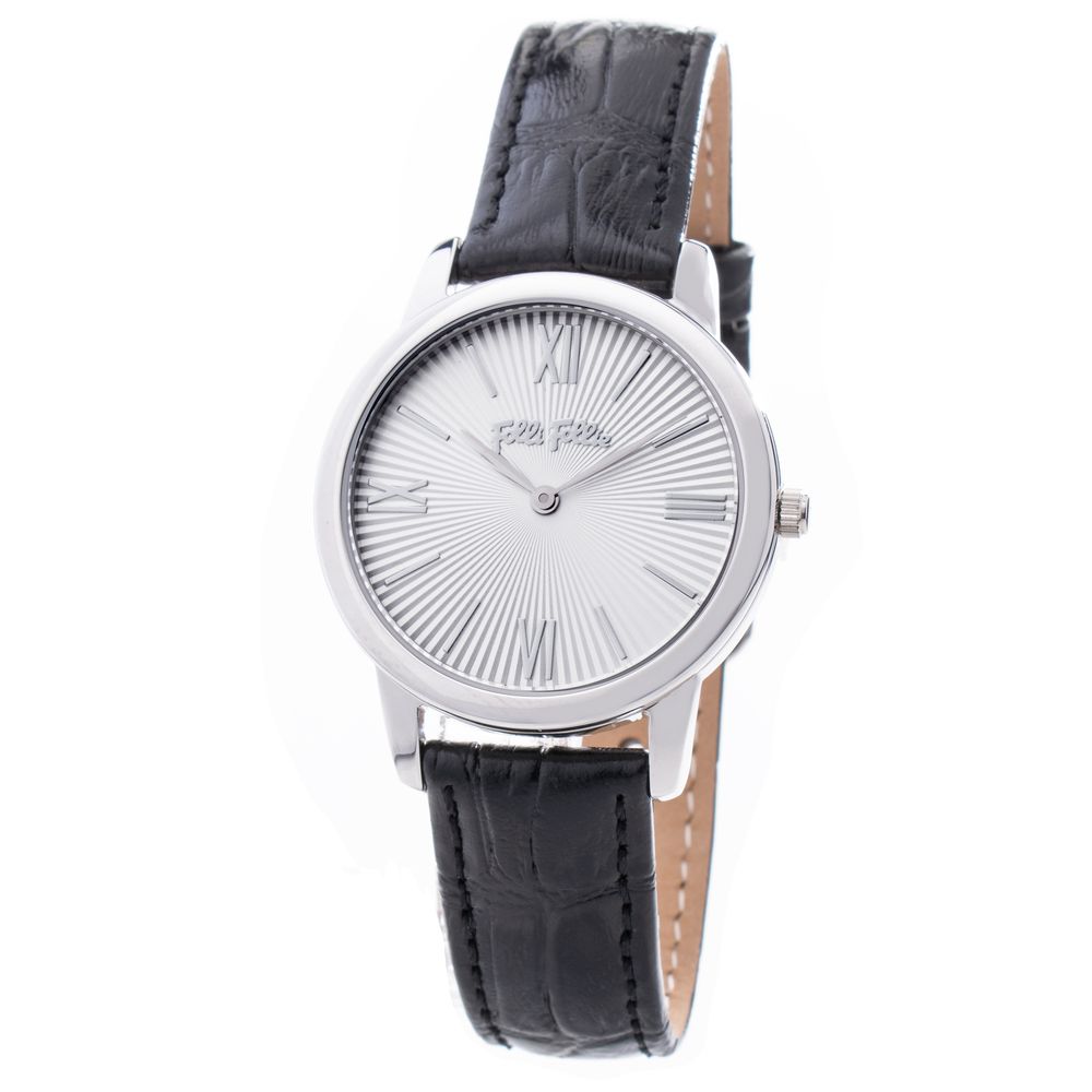 Folli Follie Black Leather Dress Watch with stainless steel case, quartz mechanism, and white dial. Analog display and mineral glass.