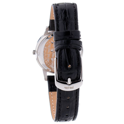 Folli Follie Black Leather Dress Watch with silver stainless steel case, mineral glass, and black leather strap.