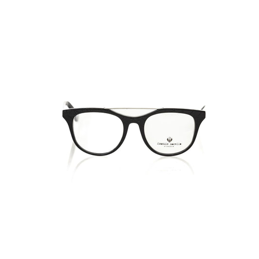 Frankie Morello Black Acetate Unisex Eyeglass Frame with geometric pattern, Italian craftsmanship, sophisticated and fashion-forward style.