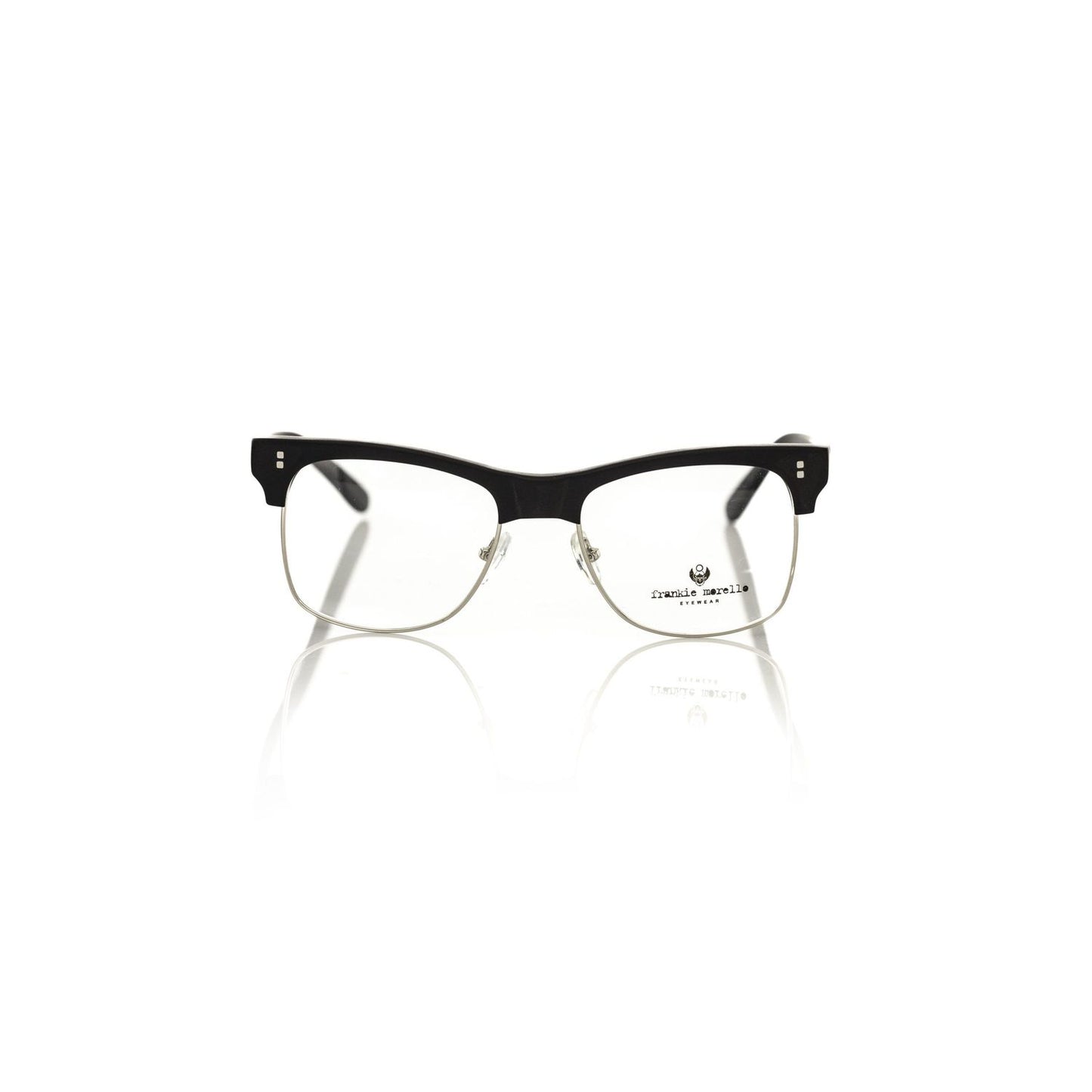 Frankie Morello Black Metallic Unisex Eyeglass Frame with sleek acetate and metal design, ideal for fashion-forward style seekers.