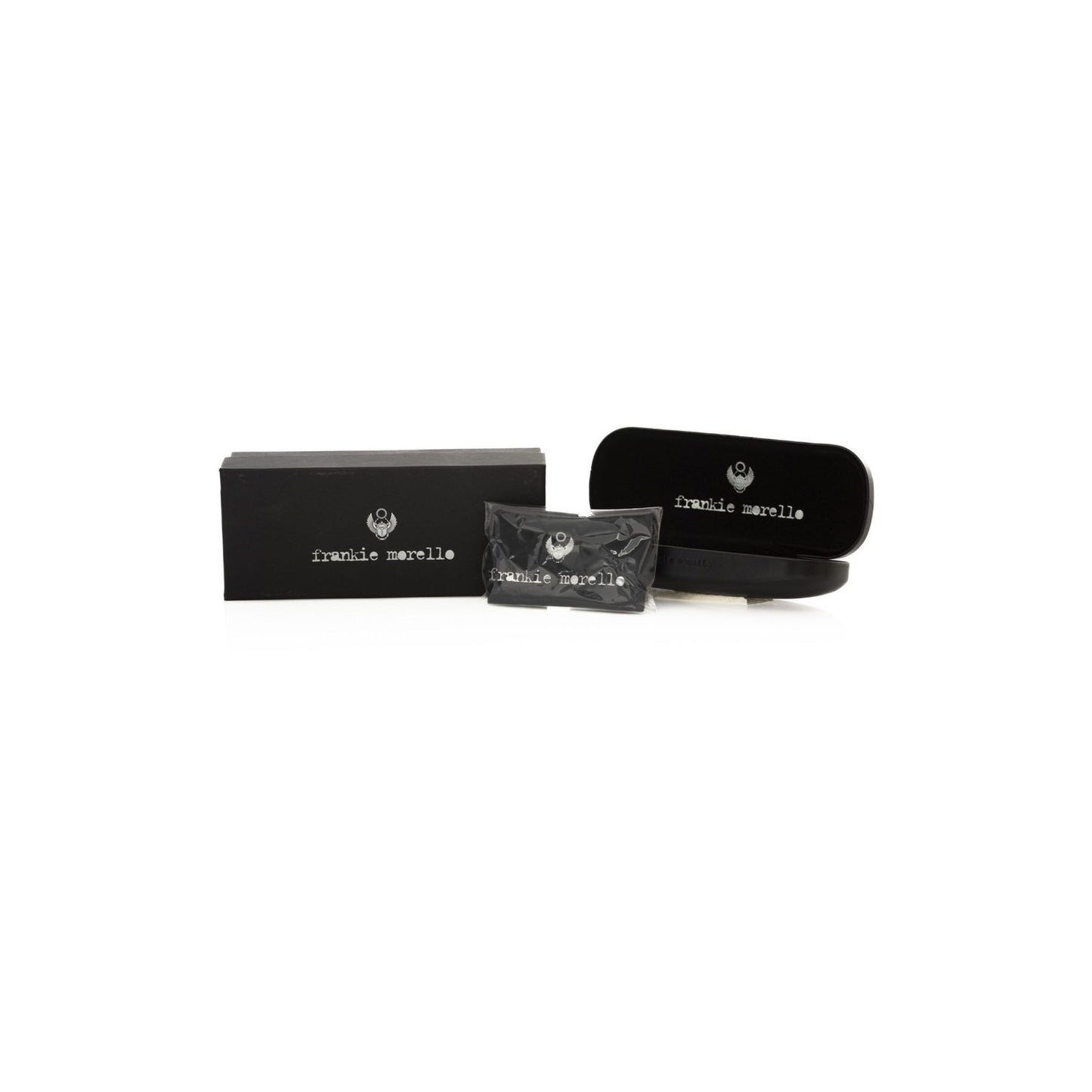 Frankie Morello Black Metallic Unisex Eyeglass Frame packaging box set with logo and case, Italian craftsmanship display.