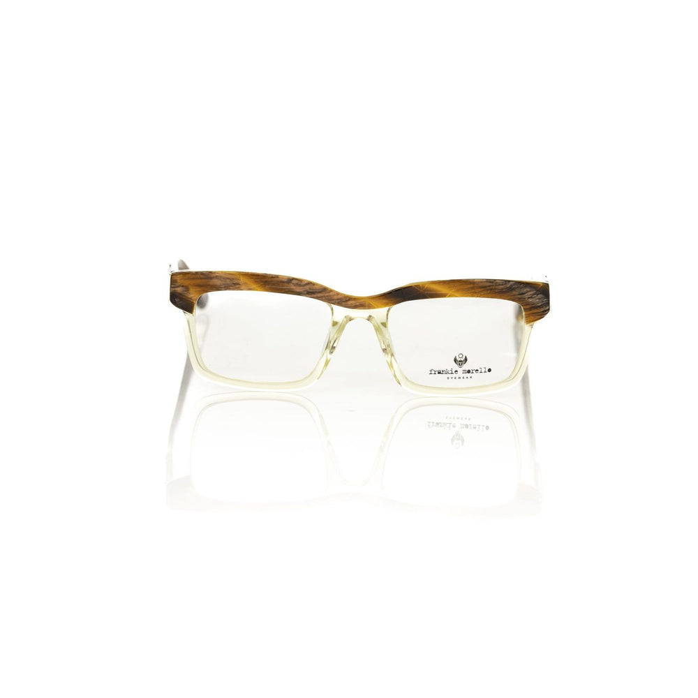 Frankie Morello Brown Acetate Unisex Frame with transparent and Havana design, showcasing Italian craftsmanship and vibrant temples.