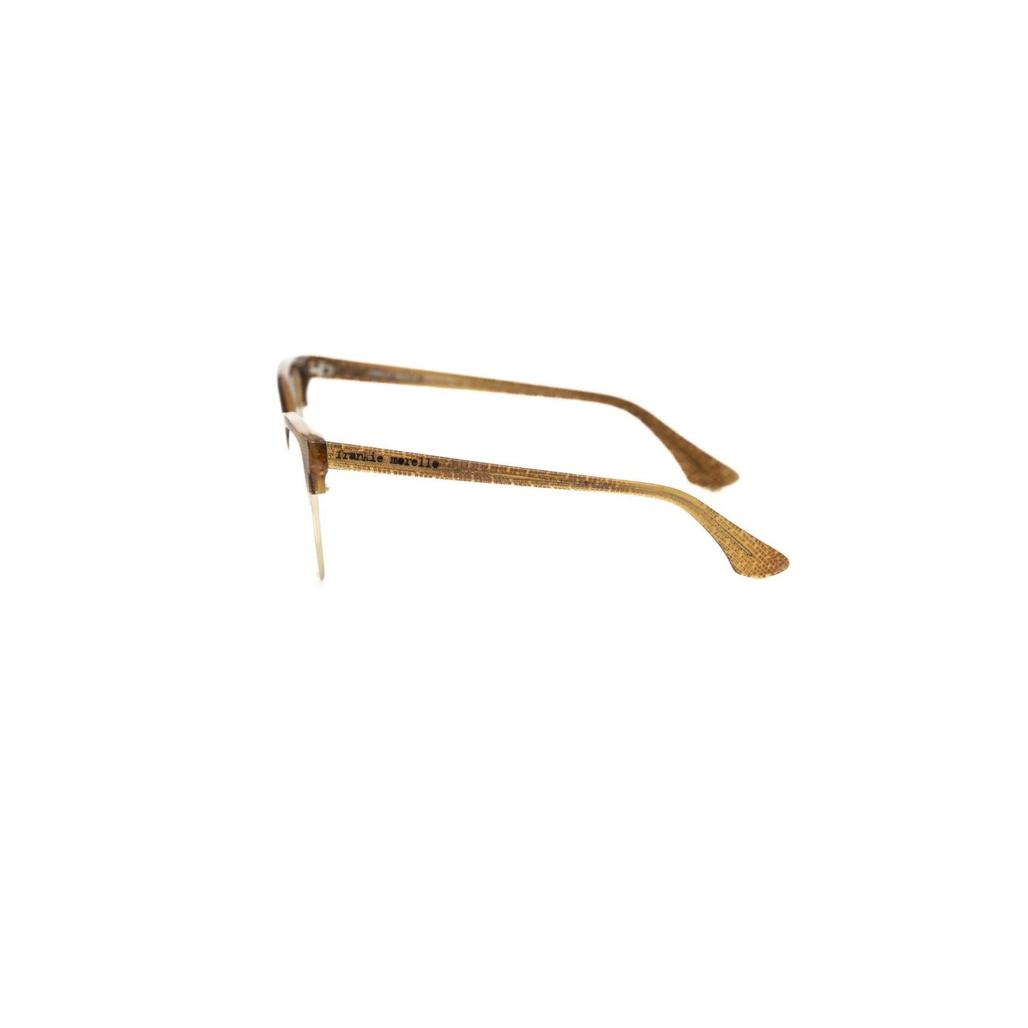 Frankie Morello Brown Metallic Fibre Women Frame, Italian-crafted, classic Clubmaster design with glitter accents, side view.