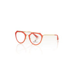 Frankie Morello Red Acetate Women Frame with coral profile and metallic fiber details, Italian-crafted aviator eyeglasses for fashion-forward women.
