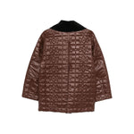 GANNI Jackets Brown - Brown quilted nylon jacket with contrasting collar, snap button fastening, flap pockets, and logo pattern.