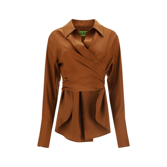GAUGE81 Sabinas Shirt in brown silk with low collar, cropped design, and engraved buttons, showcasing front closure and side slits.