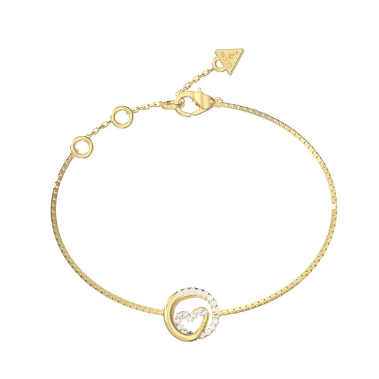 GUESS JEWELS JEWELRY Mod. JUBB05527JWYGS gold bracelet with infinity symbol and crystals, featuring a signature charm on the clasp.