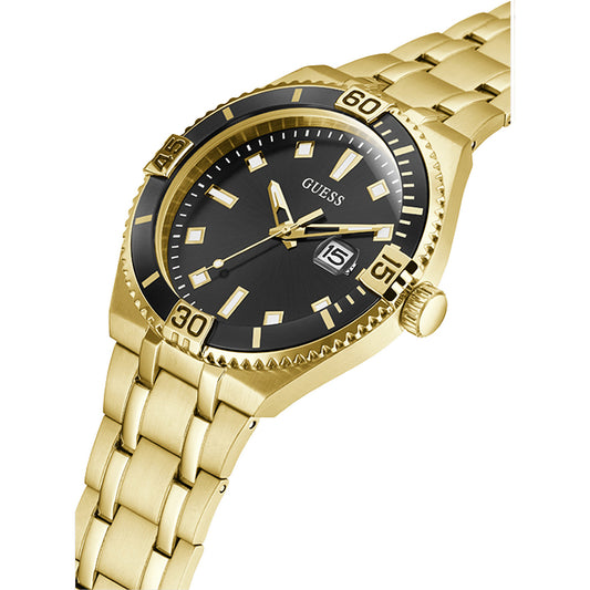 GUESS Mod. PREMIER wristwatch, gold-tone, black dial, calendar function, quartz movement, 3 ATM water resistant, in official packaging.
