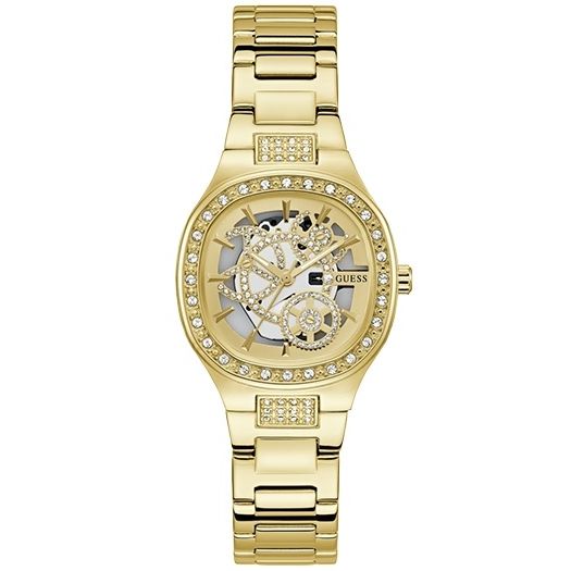 Luxury gold watch featuring intricate design, labeled GUESS Mod. ELECTRA