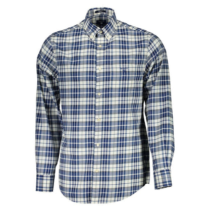Gant Bianco Cotton Men Shirt in blue and white checkered pattern, long sleeves, front view
