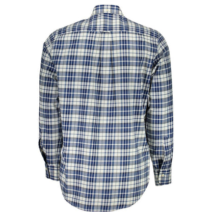 Back view of Gant Bianco Cotton Men Shirt in blue and white plaid, showcasing the classic design and quality craftsmanship.