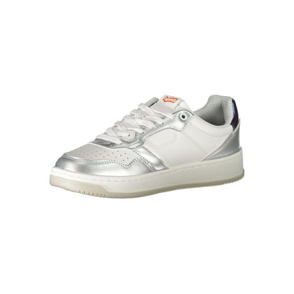 Gas White Polyester Sneaker with laces, silver contrast details, and logo on side view.