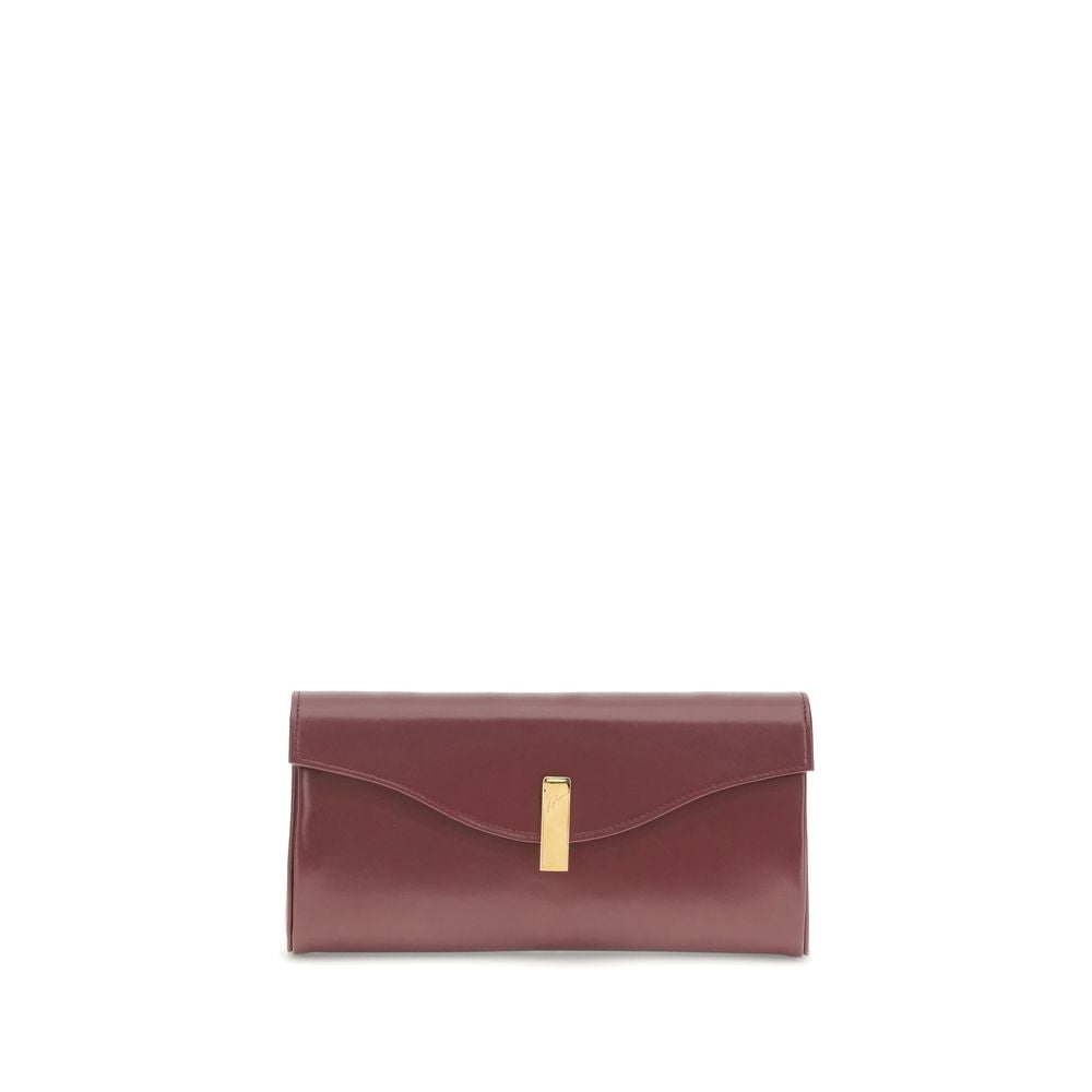 Giuseppe Zanotti Brown Leather Clutch Bag with logoed metal closure and gold-tone chain strap on white background.