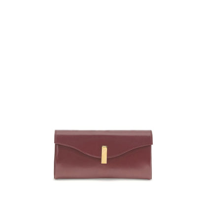 Giuseppe Zanotti Brown Leather Clutch Bag with logoed metal closure and gold-tone chain strap on white background.
