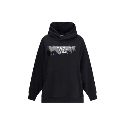 Givenchy Black Cotton Sweatshirt in gauzy fabric with hood, pouch pocket, 3D print front, ribbed hem and cuffs, oversize fit, AW25.