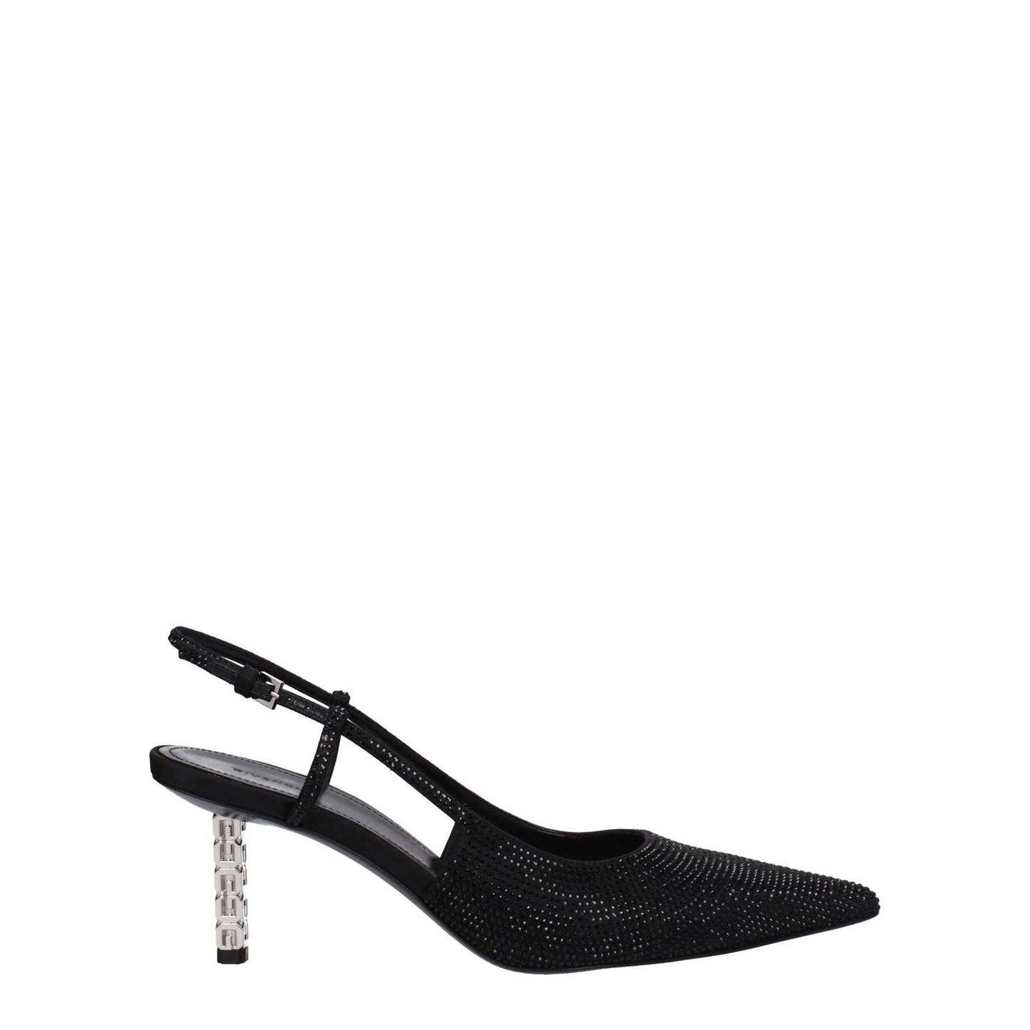 Givenchy Black Fabric High Heel Pumps with rhinestone details and buckle closure, featuring a pointy toe, mid heels, and leather sole.