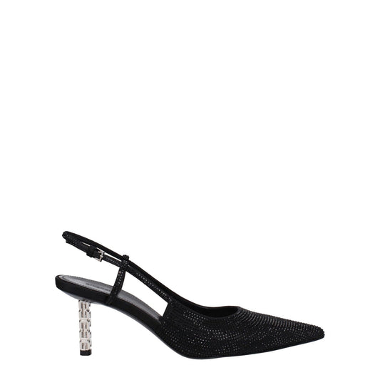 Givenchy Black Fabric High Heel Pumps with rhinestone details and buckle closure, featuring a pointy toe, mid heels, and leather sole.
