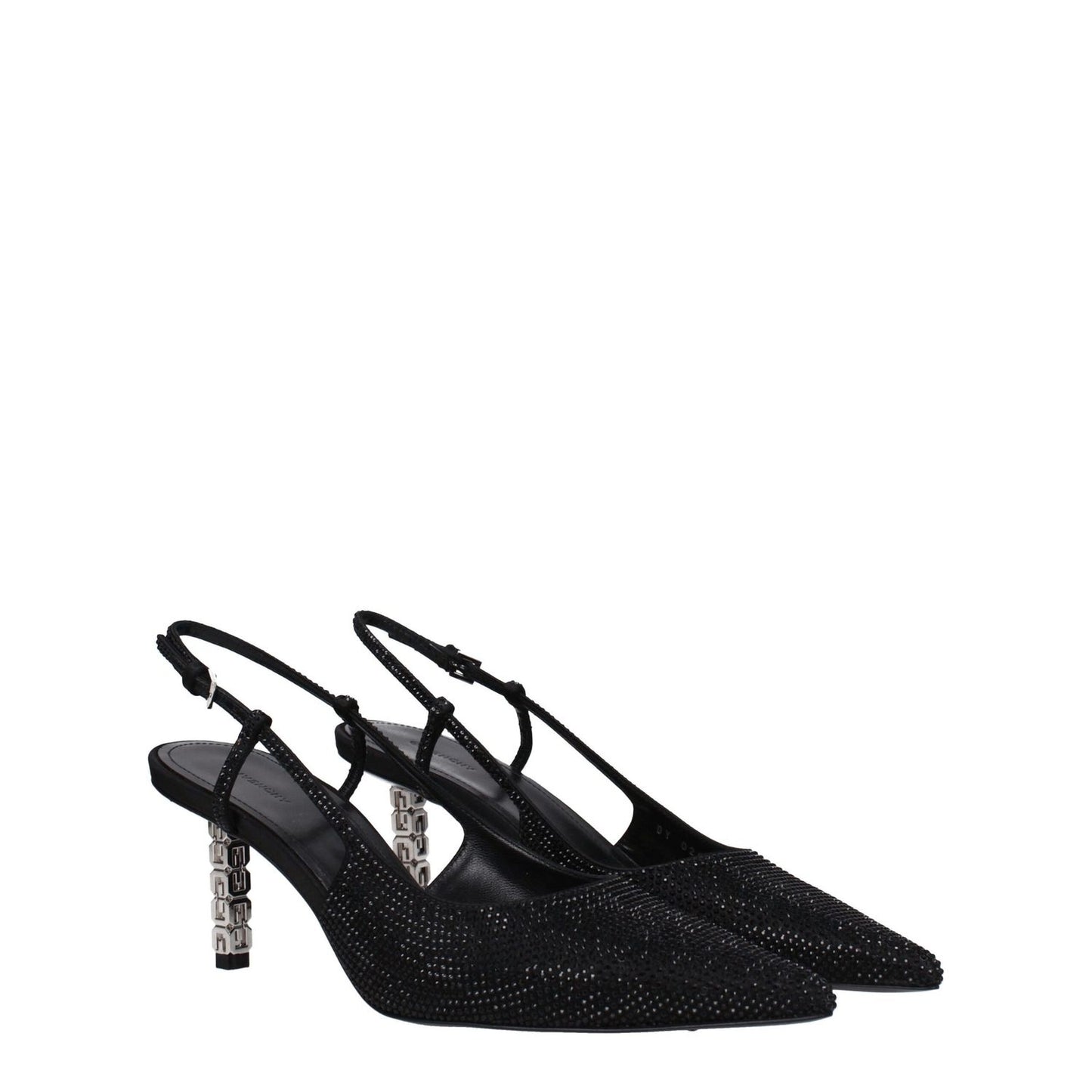 Givenchy Black Fabric High Heel Pumps with rhinestone details and buckle closure, featuring a mid heel and pointy toe design.
